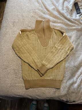 Vintage 70s Kennington Men's Tan Ribbed Knit Quarter Zip Sweater Size Medium